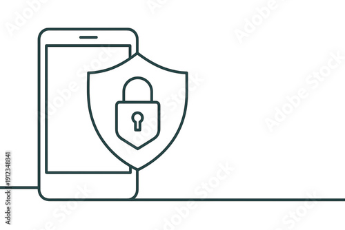 Online Banking Security Concept – Shield Icon Combined with Smartphone Outline in Flat One-Line Vector