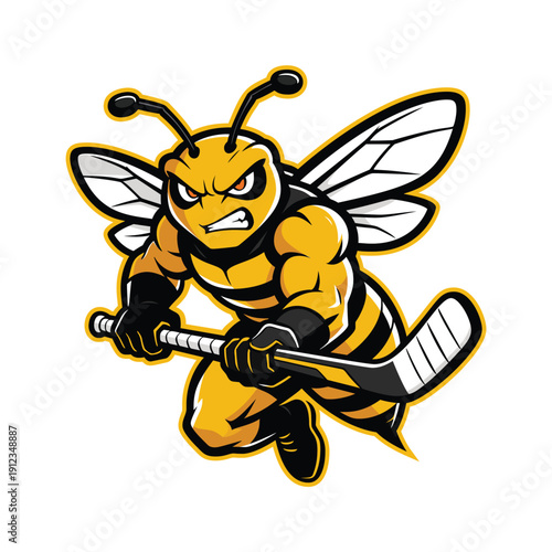 Muscular Angry Bee Hockey Mascot - Yellow and Black Hornet Holding Hockey Stick Vector