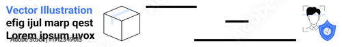 Online identity, cybersecurity, user protection, data security, authentication, digital tools. A cube, user profile icon and shield data flow and protection. Online identity and cybersecurity
