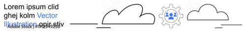 Cloud computing, teamwork, collaboration, technology integration, digital solutions, data management. Gear with user icons between cloud shapes. Cloud computing and teamwork concepts