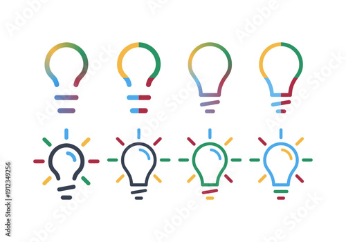 Colorful lightbulb icons representing ideas, innovation, and creativity in a modern graphic design style.