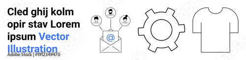 Envelope with connection icons, gear symbolizing settings, outline of a T-shirt. Ideal for communication, customization, fashion, networking, productivity, collaboration simple landing page
