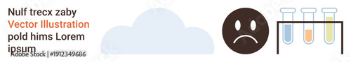 Science research, emotional distress, environmental studies, laboratory analysis, sadness, chemical testing. A sad face, test tubes with liquid and a cloud graphic. Emotional distress and science