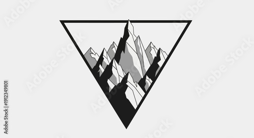 Stylized mountain range within a geometric triangle frame.