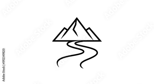 Minimalist Mountain and River Line Art Illustration.