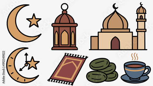 Ramadan Vibes Vector Element Set in Color Filled Outline Style featuring Mosque Time Clock Dates and Prayer Mat for Islamic Holiday Graphic Design