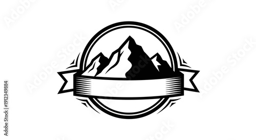 Mountain peaks in a circular emblem with a banner.