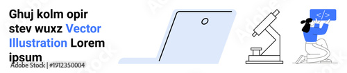 Technology, science, education, digital tools, coding, research. A laptop, a microscope and a programmer with a screen displaying code. Technology and science showcased through devices and coding