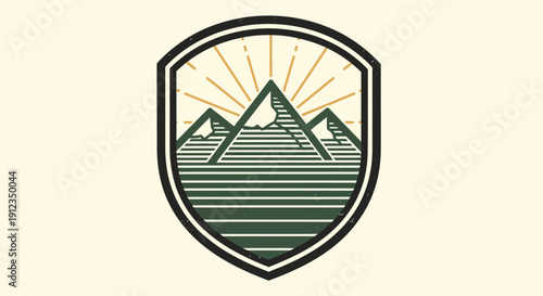 Vintage Mountain Landscape Shield Emblem with Sun Rays.