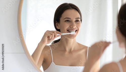 Woman brushing teeth while smiling at mirror in modern bathroom interior
