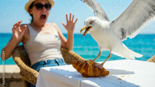Seagull steals food from a tourist's dining table, humorous photo.
