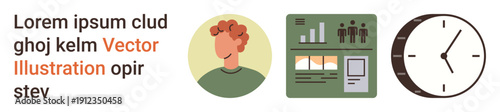Personal identity, data analysis, time management, work productivity, business planning, modern communication. Graphic set profile avatar, analytics dashboard and clock. Personal identity and data