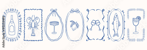 Whimsical blue hand-drawn bow frames with lemon, sardine, glass, lobster, cocktail, bottle in retro coquette style on white background. Vector set for menu, greeting cards, party decor.