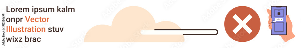 Fototapeta premium Data security, file sharing, cloud storage, technology warnings, cybersecurity, data protection. Cloud with progress bar, red cross icon hand holding a device. Data security and file sharing concept