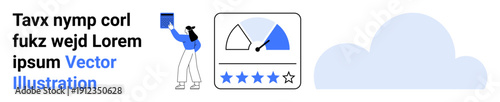 E-commerce, feedback systems, cloud services, data analytics, performance assessment, user experience. A user presenting feedback next to a rating system and cloud icon. Feedback systems and data
