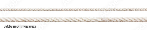Two parallel thick white cotton ropes lying horizontally showing clear braided texture and varying diameter sizes 
