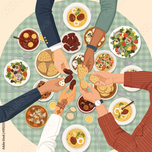 Diverse group gathering for a shared meal, breaking bread together and enjoying food