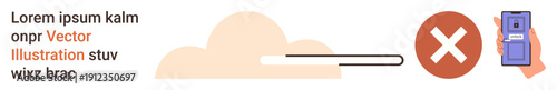 Data security, file sharing, cloud storage, technology warnings, cybersecurity, data protection. Cloud with progress bar, red cross icon hand holding a device. Data security and file sharing concept
