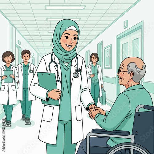 Muslim doctor in hijab shakes hand with elderly patient in wheelchair