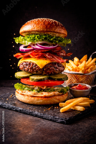 Gourmet beef burger with floating deconstructed layers on a black slate plate. Professional studio lighting on dark background with french fries and ketchup. High quality food photography