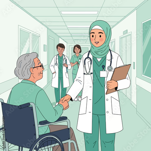 Muslim doctor in hijab shakes hands with elderly patient in hospital hallway