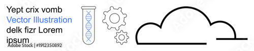 Scientific research, technological innovation, cloud storage, data processing, automation, biotech. DNA helix in a test tube, gears cloud symbol. Biotechnology and technological innovation concepts