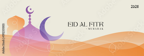 Eid al Fitr Mubarak 2026 Banner Design with Crescent Moon and Mosque Elements