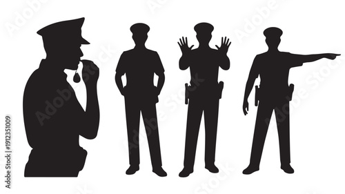 Clean vector illustration set featuring police officer silhouettes in various poses whistling, standing, and directing traffic, symbolizing law enforcement, authority, and public order