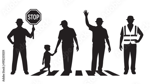 Collection of four black silhouettes of people in various poses, including a child, at a crosswalk, some holding signs or waving