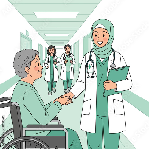 Doctor greets elderly patient in wheelchair in hospital hallway with medical staff