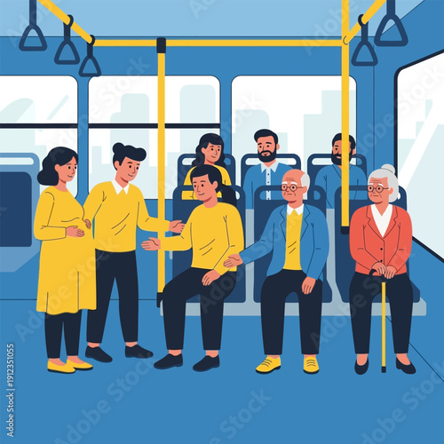 People giving seats to elderly and pregnant woman on crowded public bus