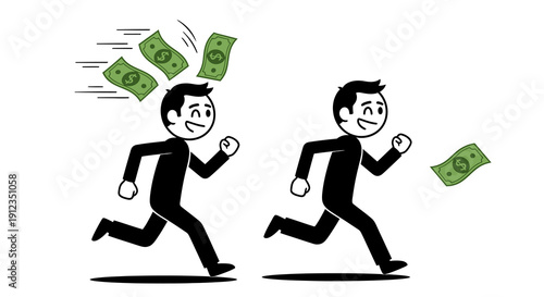 Two cartoon men running with money floating around them.