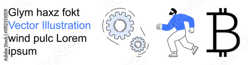 Cryptocurrency, blockchain technology, digital finance, innovation, business startups, productivity. Bitcoin logo, gears and a walking person. Cryptocurrency and blockchain technology concept