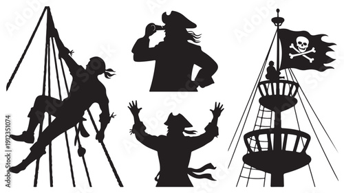 Clean vector silhouette illustrations featuring swashbuckling pirate characters and a ship's mast with a Jolly Roger flag, capturing the spirit of maritime adventure