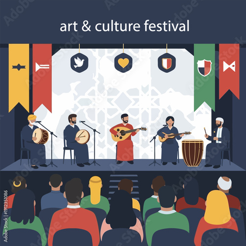 Musicians perform on stage at an art and culture festival for an audience
