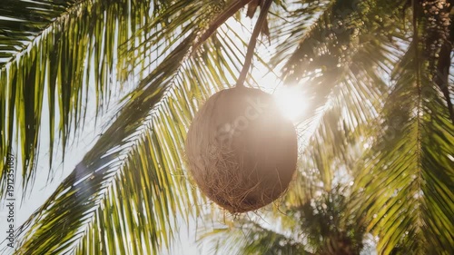 Coconut Hanging from Palm Tree Branches.