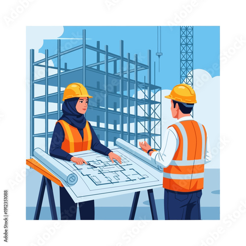 Architects review blueprints at a construction site with scaffolding