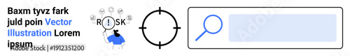 Risk analysis, goal targeting, data search, business strategy, online research, decision making. Magnifying glass, target icon search bar and person analyzing. Risk analysis and goal targeting
