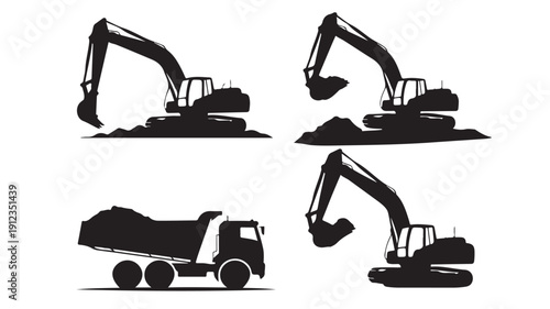 Minimalist silhouette illustrations of excavators and dump trucks on construction sites, showcasing heavy machinery in action