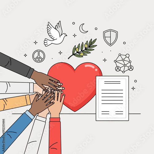 Diverse hands stacking together over heart surrounded by symbols of peace and unity