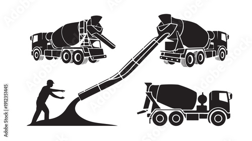 Construction Industry Icons A Set of Concrete Mixer Trucks and Worker Pouring Cement