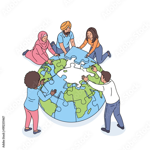 People of diverse backgrounds uniting to solve global challenges by assembling a puzzle