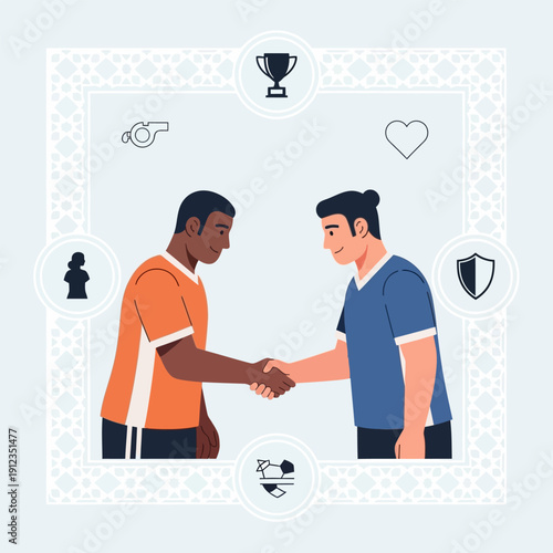 Two men of different ethnicities shaking hands over a football game fair play concept
