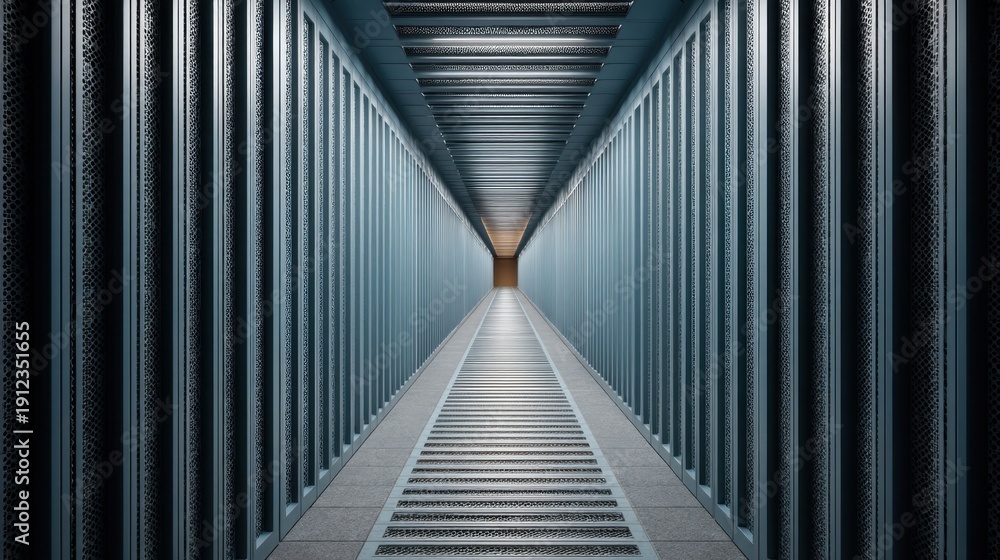 Obraz premium Futuristic corridor with metallic walls and illuminated end, showcasing depth and perspective in a modern architectural environment