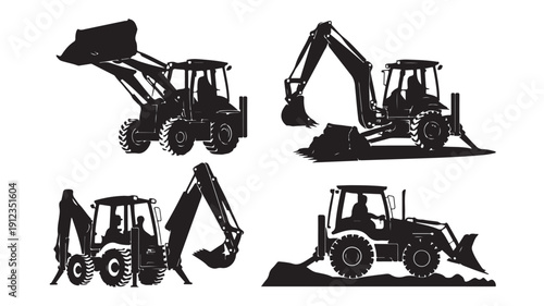 A detailed technical illustration featuring four distinct heavy construction vehicles, including powerful backhoes and excavators, presented as monochrome silhouettes in various dynamic working poses