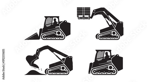 Set of four bold black silhouettes of construction vehicles performing various tasks