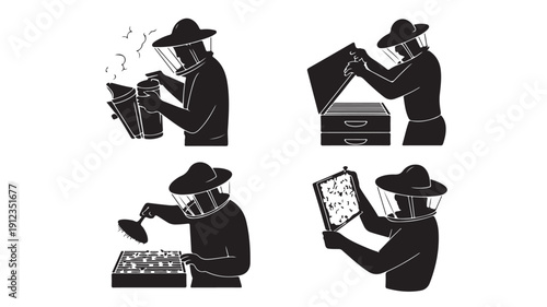 Set of four black and white illustrations depicting beekeeping activities and equipment