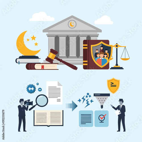 Justice and law concept with gavel, scales, books and courthouse building exterior