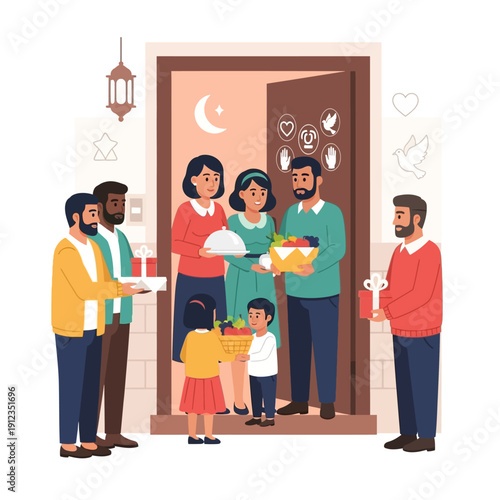 Family welcoming guests at the door with food dishes and gifts for gathering