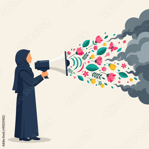 Muslim woman advocating for environmental protection and positive change with nature symbols